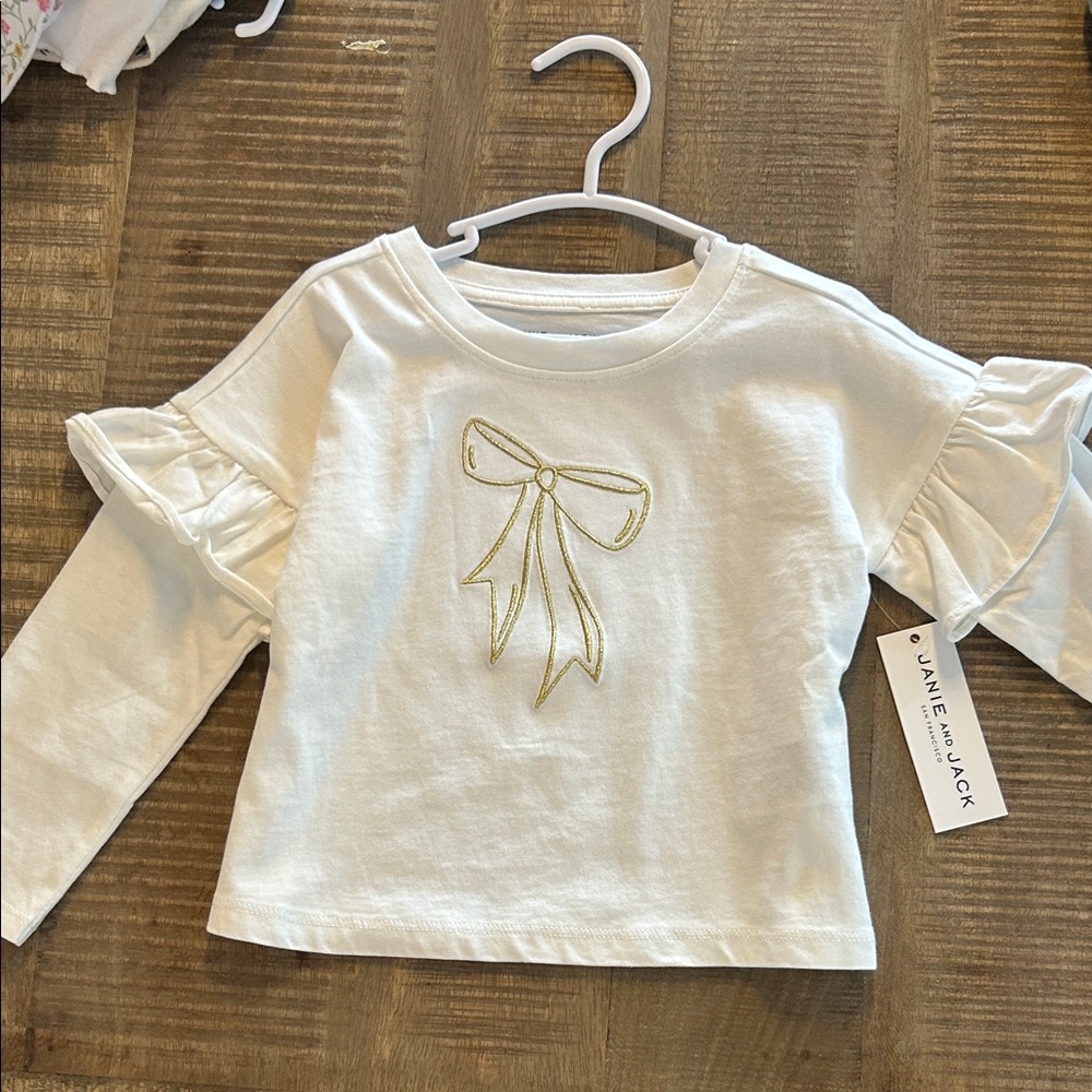 Janie and Jack Cream Long Sleeve Top with Gold Bow